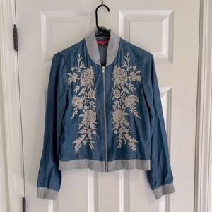 NWOT Elaine Turner Embroidered Floral Denim Bomber Jacket size S